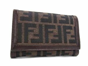 1円 ■美品■ FENDI フェンディ ズッカ柄 キャンバス×レザー 二つ折り 財布 ウォレット 小銭入れ 札入れ ブラウン系 AX7376