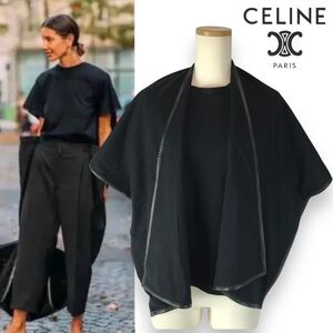 s200 定価約13万円 celine 2018 セリーヌ フィービー マントTシャツ S ショール 付 トップス BLACK コットン レザー イタリア製 正規品