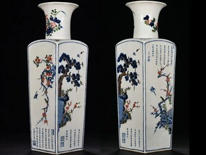 【多寶屋】BA638■下図ある■中国古美術 陶磁器 青花五彩松竹梅紋方瓶 康煕年製款 清時代 極細工 時代物■