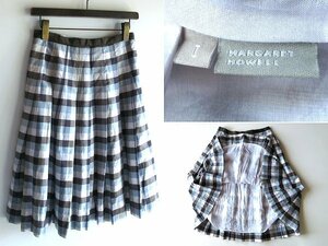 MARGARET HOWELL マーガレットハウエル コットンリネン チェック サイドジップ タックプリーツ スカート 1 ライトブルー ブラウン MHL.