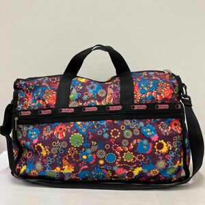 □40−776　LeSportsac レスポートサック　ボストンバッグ　大容量　大きめ　レディース　紫系　旅行用　鳥　魚　総柄　ナイロン