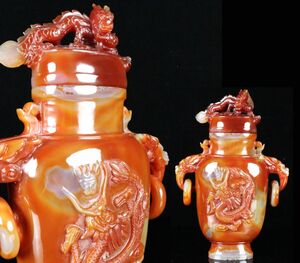 天然 赤瑪瑙(メノウ)遊環 細密彫刻 香炉 高さ25cm 置物 擺件 中国美術 伝統工芸 古玩 唐物[6526eq]