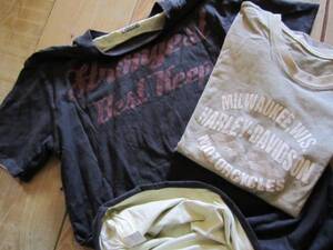 S タイトフィット HARLEY-DAVIDSON モーターサイクル インディアン刺繍 リバーシブル Tシャツ 半袖 2枚まとめて セット★ベージュ グレー M