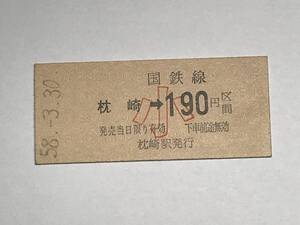 昔の切符　きっぷ　硬券　国鉄線　枕崎駅発行　枕崎→190円区間　サイズ：約2.5×5.8㎝　　HF5076　