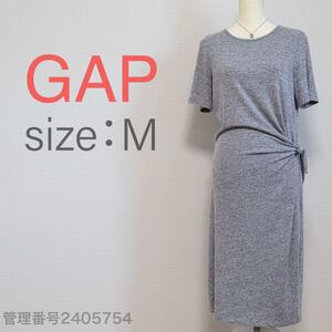 【送料無料】GAP (ギャップ) クルーネック　ハーフスリーブ　ウエストリボン　カットソーロングワンピース　グレー　M