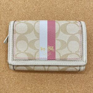 COACH ＊ コーチ 二つ折り財布 小銭入れ ミニ財布 コンパクト財布 レザーシグネチャー ベージュ×ピンク 