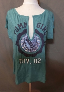 ☆USA購入【Tommy Girl】大胆大きく開いた胸元 TシャツUS M 青緑