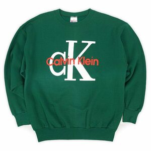カルバン・クライン Calvin Klein 90s ビッグロゴ スウェット CK Hanes ビンテージ トレーナー (-1738) グリーン / 緑 L相当