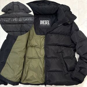 未使用級/希少サイズXL●現行タグ DIESEL ダウンジャケット ブルゾン フード 肩ロゴワッペン 背面口ゴ 裏地カーキ 黒 メンズ ディーゼル