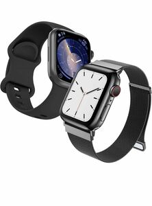 Apple Watch バンド 2本セットiWatch 42mm 44mm 45mm 49mm対応 アップルウォッチ用シリコンバンド ステンレス鋼ミラネーゼループ バンド