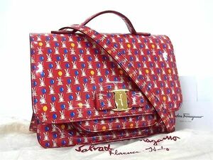 ■極美品■ Salvatore Ferragamo フェラガモ ヴァラリボン PVC 2WAY ラビット ショルダー ハンドバッグ レディース レッド系 AZ4552