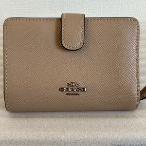 1000円〜 COACH 二つ折り財布 コンパクトウォレット レザー ベージュ コーチ 札入れ 小銭入れ カードポケット L字ファスナー レディース