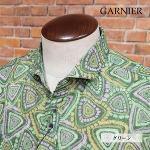 春夏/GARNIER/Mサイズ/総柄シャツ 清涼リネン 薄手 涼しい オリエンタル 幾何学柄 カッタウェイ 長袖 新品/緑/グリーン/ig172/