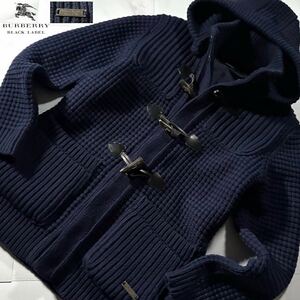 美品●バーバリーブラックレーベル 圧縮ニット ダッフルコート ジャケット BURBERRY BLACK LABEL ロゴプレート 水牛角 トグル ワッフル M