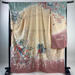 振袖 身丈167.5cm 裄丈69.5cm L 袷 落款 花籠 草花 ぼかし ピンク 正絹 美品 名品 【中古】