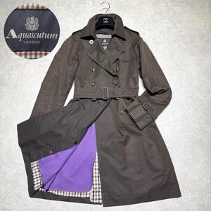 希少●Aquascutum LONDON アクアスキュータム トレンチコート ロングコート ウールライナー パープル ベルト チェック ブラウン L相当