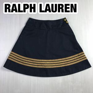 RALPH LAUREN ラルフローレン 膝丈スカート 7 ブラック 金ボタン 刻印 リボンテープ ライン フレア