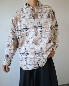 S252 REDHEAD Fish Pattern Button-down Shirt フィッシュ 魚 デザイン 総柄 ボタンダウン 長袖 綿 シャツ ベージュ系 L