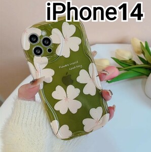 iPhone14 ケース グリーン　花柄　クリア　可愛い