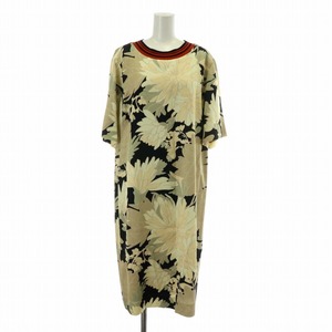 DRIES VAN NOTEN Floral Printed T-shirt Dress ワンピース 半袖 ロング クルーネック 花柄 総柄 38 M ベージュ 黒