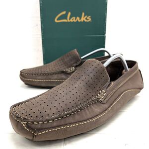 新 棚上 21 ◎ Clarks クラークス 靴 シューズ スリッポン ヴァンプ リアル レザー カジュアル ブラウン メンズ8M