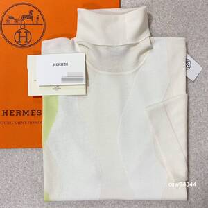 国内正規品 2023ss～ 新品未使用 M Hermes エルメス タートルネック ウェーブデザイン カシミヤ/シルク 半袖 ニット セーター タグ・カード