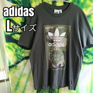 アディダス adidas カーキ色 ボックスロゴ シンプル BOXロゴ Lサイズ Tシャツ 半袖Tシャツ プリントTシャツ カーキ