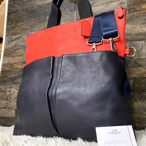 極美品 COACH コーチ トートバッグ ショルダーバッグ 2way サリバンネイビー オレンジ バイカラー A4 レザー シボ革 ビジネス メンズ