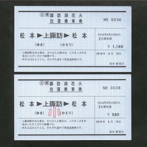 ＪＲ東日本松本駅発行の諏訪湖花火往復乗車券２枚セット　2018年