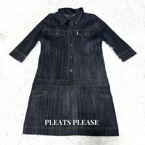 ISSEY MIYAKE イッセイミヤケ プリーツプリーズ PLEATS PLEASE デニム転写　フロントボタン ワンピース サイズ4 XL シャツワンピース