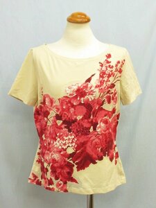 Les Copains レコパン イタリア製 薄ベージュに斜めに赤の花柄模様 半袖カットソー Tシャツ 44/III(L相当) ★クロゆパ3★o162