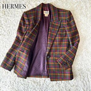 HERMES ビンテージ 千鳥格子 裏地総柄 ツイード テーラードジャケット エルメス ヴィンテージ チェック アウター ブルゾン フランス製