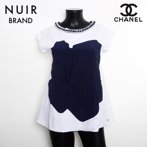 シャネル CHANEL タンクトップ Size:36 シルク コットン ノースリーブシャツ チェーン ホワイト ネイビー