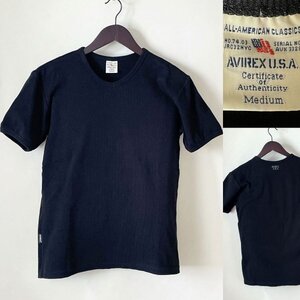 並品【名作 国内正規品】AVIREX アビレックス コットンポリ 無地 ストレッチ リブ サーマル Vネック Tシャツ 半袖 M ブラック