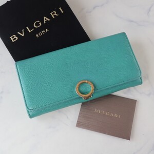 美品 ブルガリ BVLGARI 長財布 ロゴクリップ ゴールド金具 二つ折り カーフレザー グリーン ミント 緑 グレインレザー ビジネス 革 