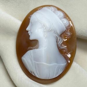 【シェルカメオ】40.0×30.0mm 5.9gルース 彫刻 貴婦人 SHELL カメオブローチ ルース shell CAMEO jewelry 作家物 アンティーク stone