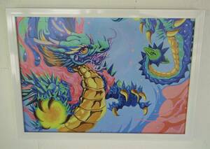 ☆現代水墨画家　絵師白道　「Pinky Dragon　Light blue 」（複製画）　直筆サイン　/現代アート　龍　 絵　絵画　送料無料♪