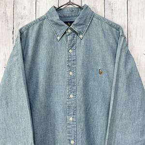 ラルフローレン Ralph Lauren デニムシャツ 薄手 長袖シャツ メンズ ワンポイント コットン100% Lサイズ 5‐83