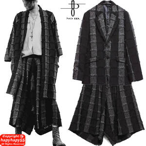 ■NO ID.BLACK フリンジチェック セットアップ テーラードジャケット サルエルパンツ◆Yohji Yamamoto ヨウジヤマモト S