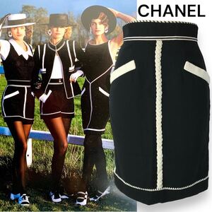 t5 正規品 希少 レア CHANEL 1990 シャネル タイトスカート　ヴィンテージ 膝丈スカート ブラック 36 フランス製 正規品 レディース