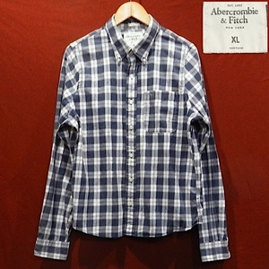 abercrombie&fitch アバクロンビー＆フィッチ BD ロゴ 長袖シャツ ドレスシャツ デザインシャツ 紺 白 グレー チェック柄 XL 美品