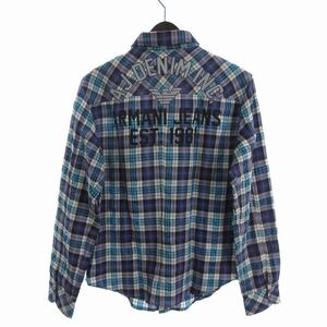 アルマーニ ジーンズ ARMANI JEANS ウエスタンシャツ 長袖 ボタンダウン チェック コットン バックプリント 紫 パープル XS メンズ