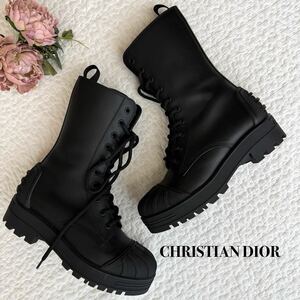 極美品■クリスチャンディオール CHRISTIAN DIOR ブーツ ロングブーツ ミドルブーツ ロゴ レースアップ レザー ブラック　22.5cm