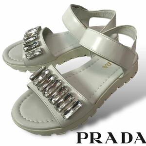 p263 良品 PRADA プラダ クリスタル ビジュー ストーン サンダル ベルクロ アンクルストラップ ホワイト 36.5 イタリア製 正規品 シューズ