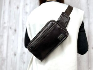 極美品 PORTER ポーター ボディバッグ ウエストポーチ バッグ レザー 茶 メンズ 77577Y