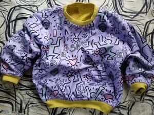 90s 80s ビンテージ オリジナル keith haring キースヘリング 風 総柄 リバーシブル ダブルフェイス 肉厚 スウェット トレーナー パープル