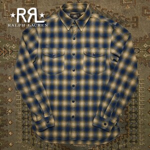 【逸品】 RRL Ombre Indigo Work Shirt 【S】 オンブレ インディゴ ワークシャツ ヴィンテージ チェック Ralph Lauren マチ付き 陰影