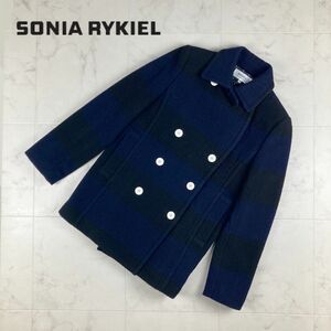 美品 SONIA RYKIELソニア リキエル ウール混 ボーダーピーコート レディース 紺 ネイビー 黒 ブラック サイズ38*IC747