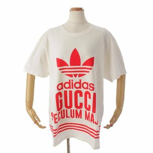 【グッチ】Gucci　アディダス コラボ ロゴ コットン Tシャツ トップス 717422 ホワイト×レッド L 【中古】【正規品保証】177683