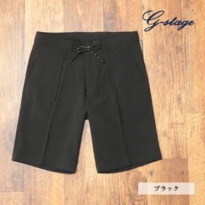 1円/春夏/g-stage/46サイズ/ハーフ パンツ 清涼サッカー ストレッチ 無地 ピンタック 涼しい◎ シンプル ショーツ 新品/黒/ブラック/ie109/